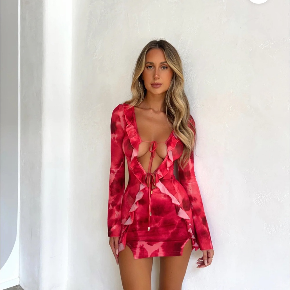 Red Tie-Dye Cutout Dress